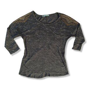 Maurices Top Tee Shirt Blouse Gray Heather Embellished 3/4 Sleeve Aztec Size S